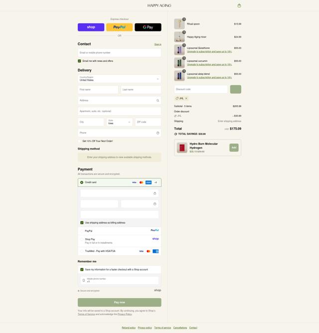 Happy Aging checkout page showing Happy Aging discount code box | Screenshot taken by SimplyCodes community member on Sep 13, 2025