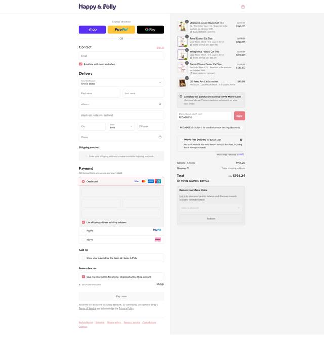 Happy & Polly checkout page showing Happy & Polly promo code box | Screenshot taken by SimplyCodes community member on Sep 17, 2025