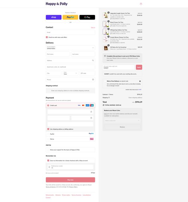 Happy & Polly checkout page showing Happy & Polly promo code box | Screenshot taken by SimplyCodes community member on Sep 17, 2025