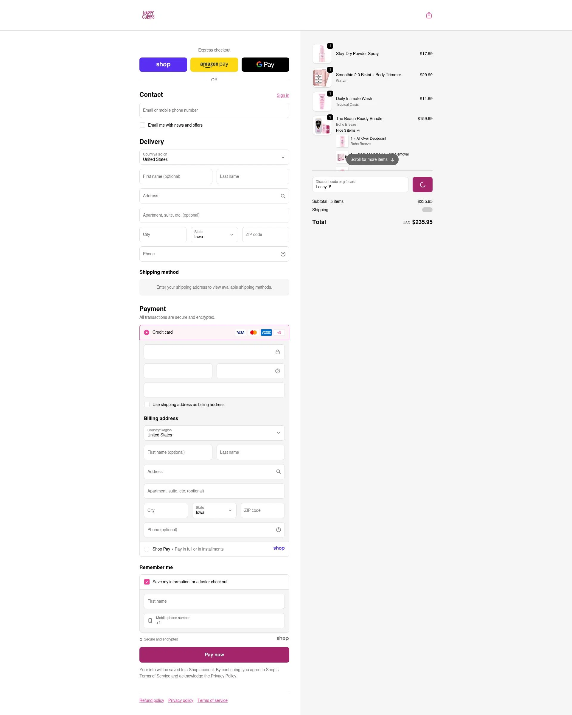 Happy Curves checkout page showing Happy Curves promo code box | Screenshot taken by SimplyCodes community member on Dec 31, 2025
