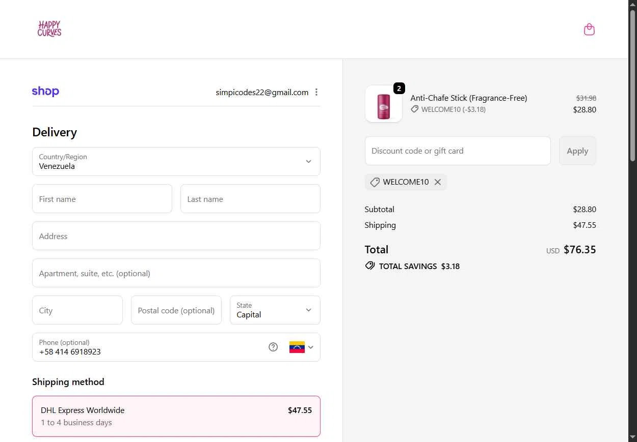 Happy Curves checkout page showing Happy Curves promo code box | Screenshot taken by SimplyCodes community member on Dec 31, 2025