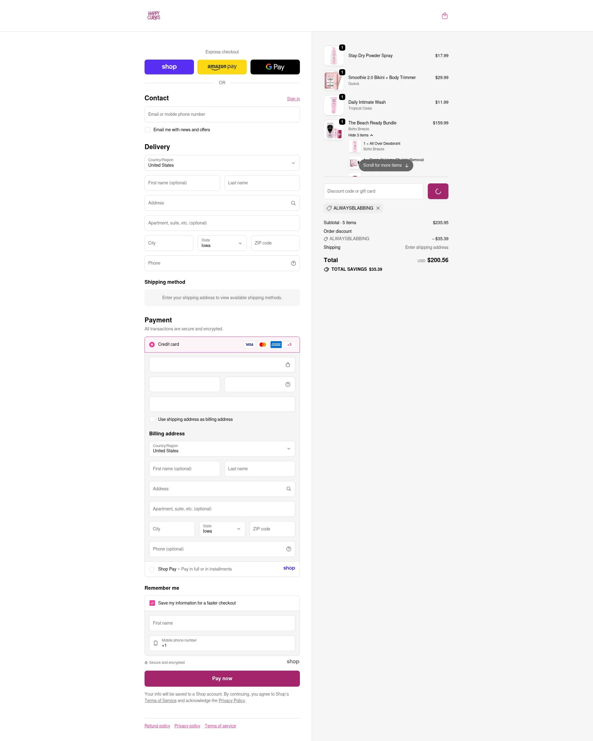 Happy Curves checkout page showing Happy Curves promo code box | Screenshot taken by SimplyCodes community member on Dec 31, 2025