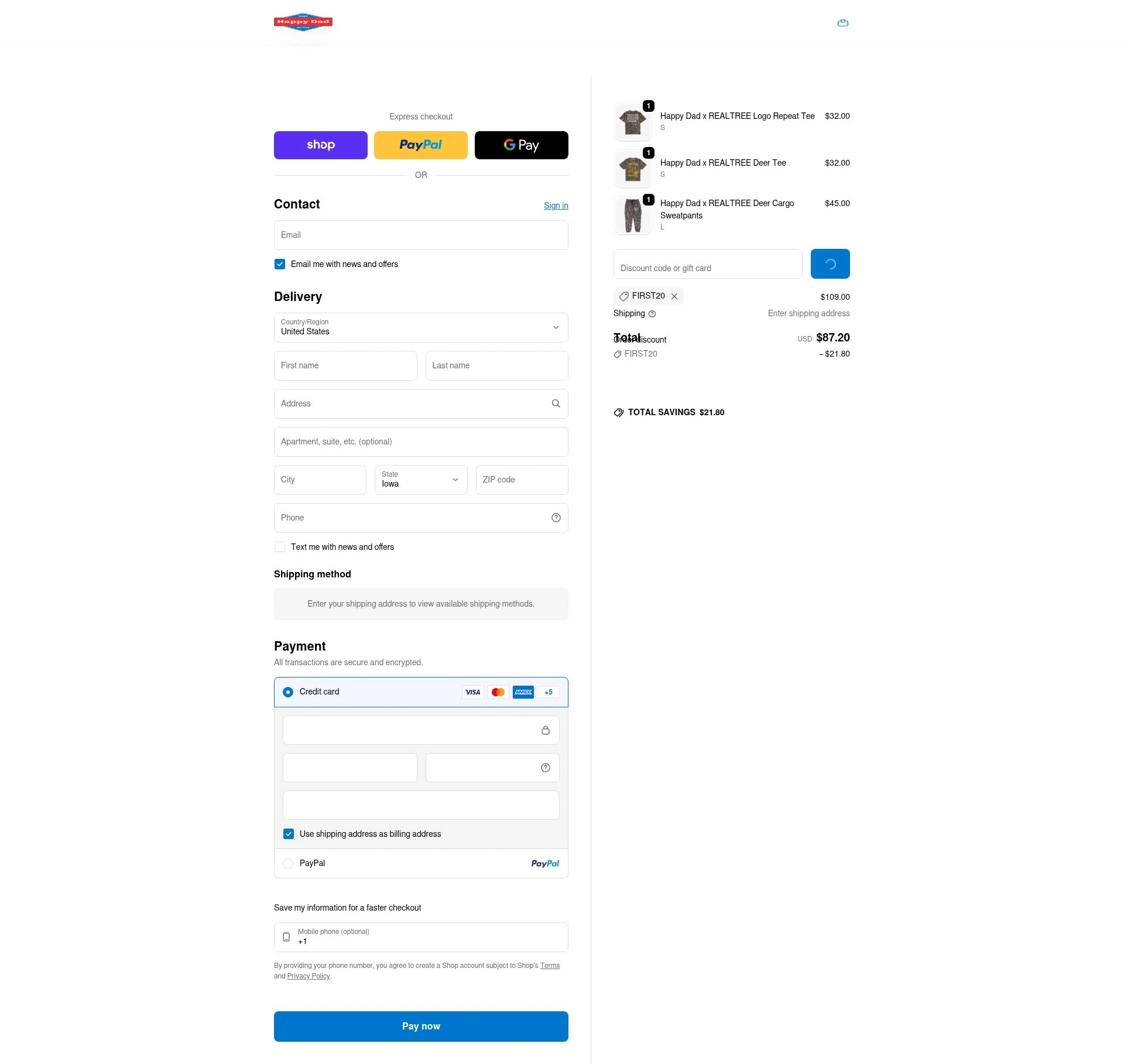 Happy Dad checkout page showing Happy Dad discount code box | Screenshot taken by SimplyCodes community member on Feb 1, 2026