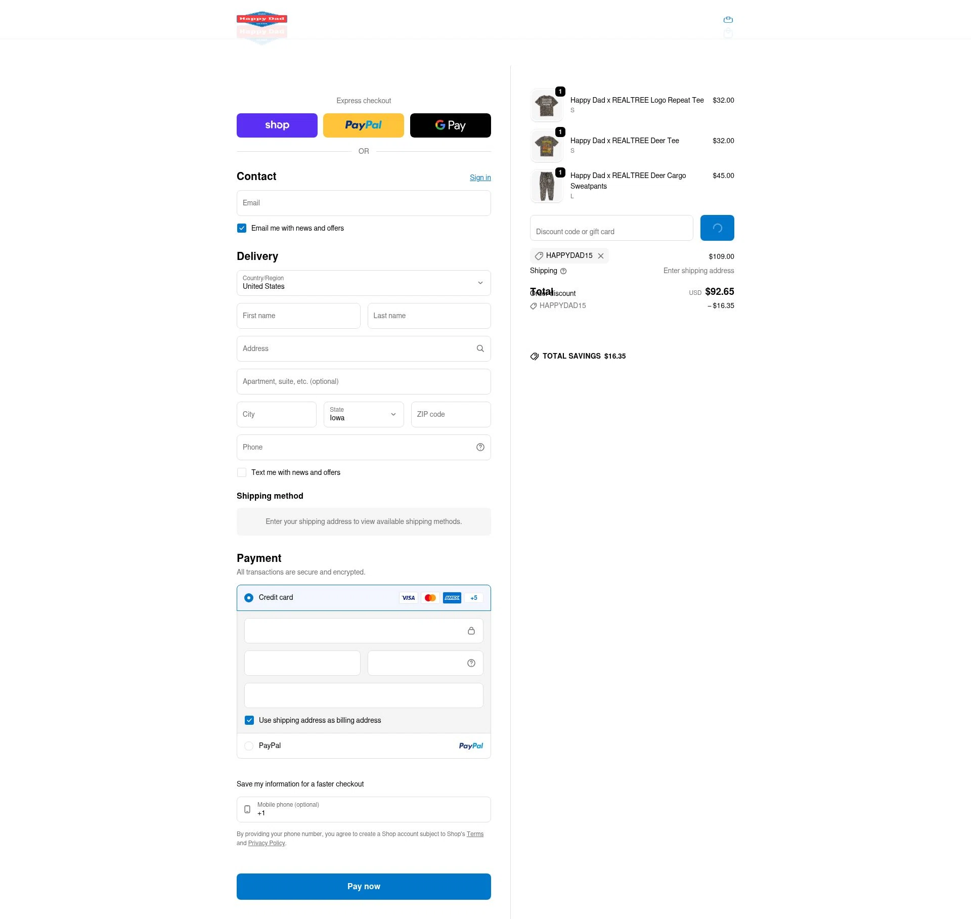 Happy Dad checkout page showing Happy Dad discount code box | Screenshot taken by SimplyCodes community member on Feb 1, 2026