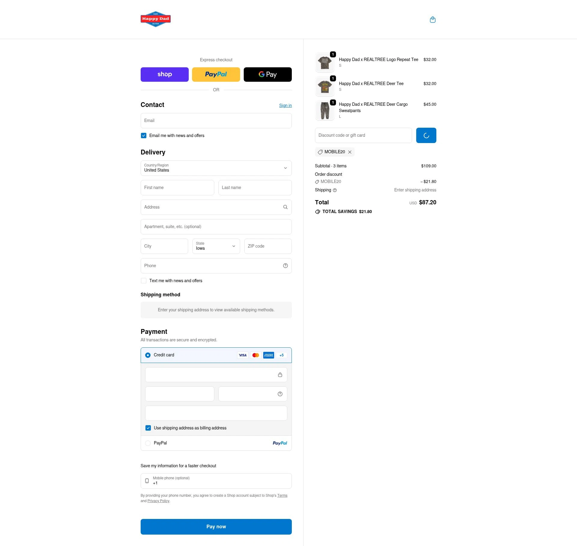 Happy Dad checkout page showing Happy Dad discount code box | Screenshot taken by SimplyCodes community member on Feb 1, 2026