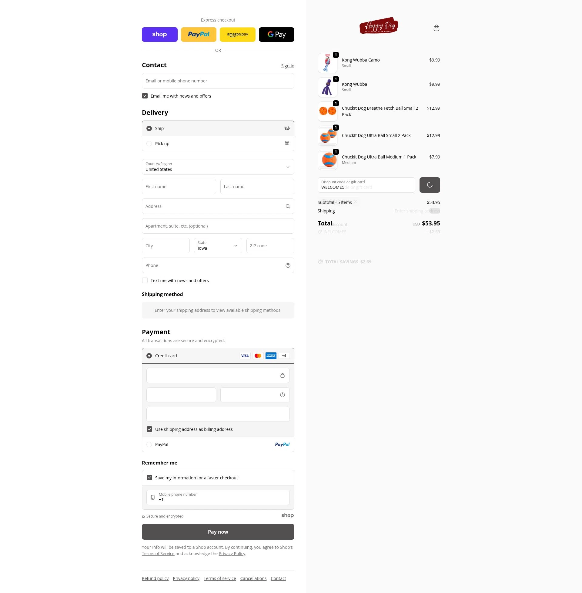 Happy Dog Food checkout page showing Happy Dog Food promo code box | Screenshot taken by SimplyCodes community member on Jan 5, 2026