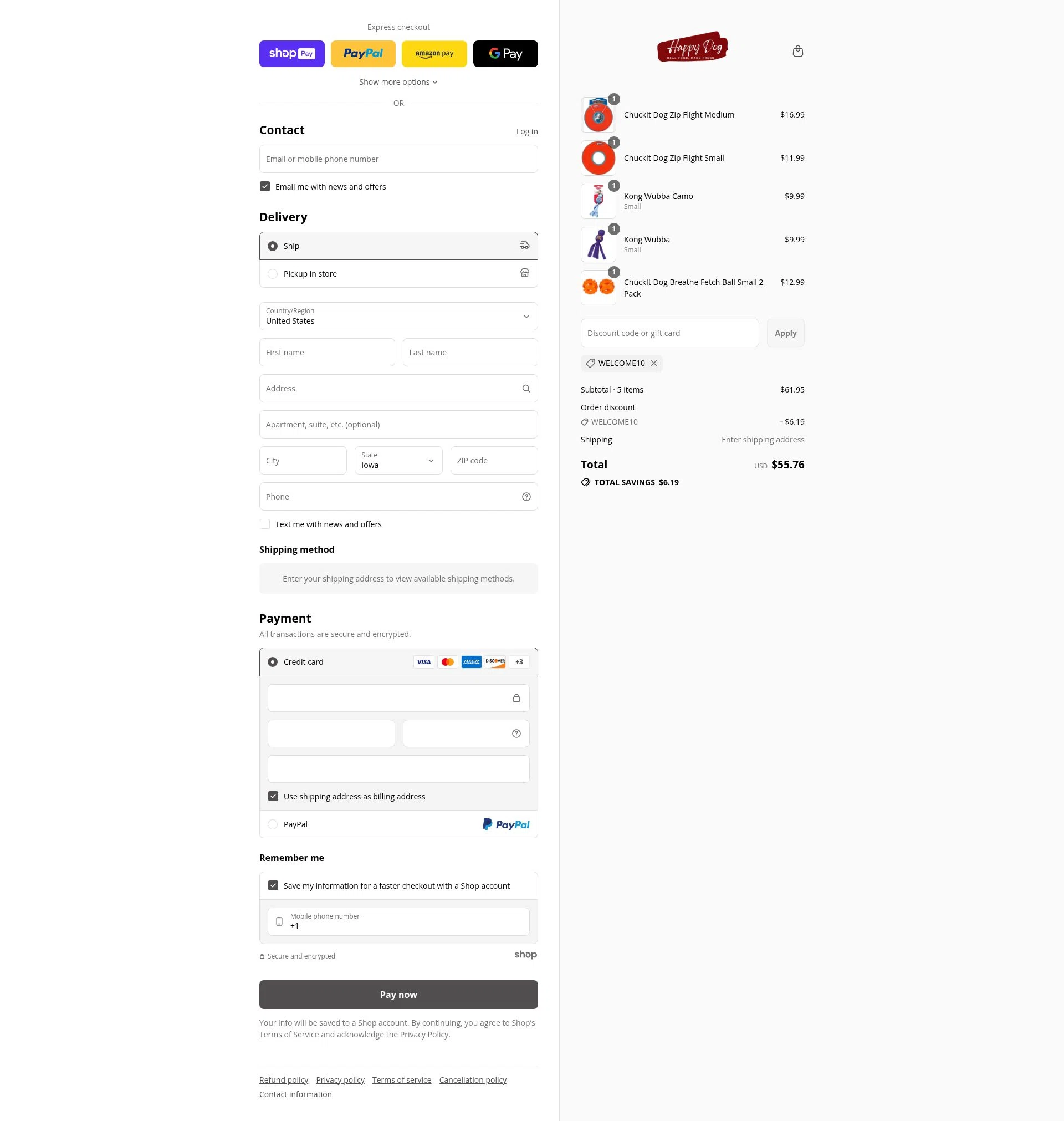 Happy Dog Food checkout page showing Happy Dog Food promo code box | Screenshot taken by SimplyCodes community member on Jul 21, 2025