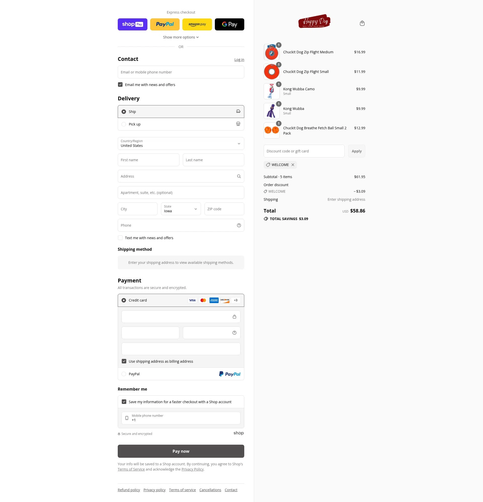 Happy Dog Food checkout page showing Happy Dog Food promo code box | Screenshot taken by SimplyCodes community member on Jul 26, 2025