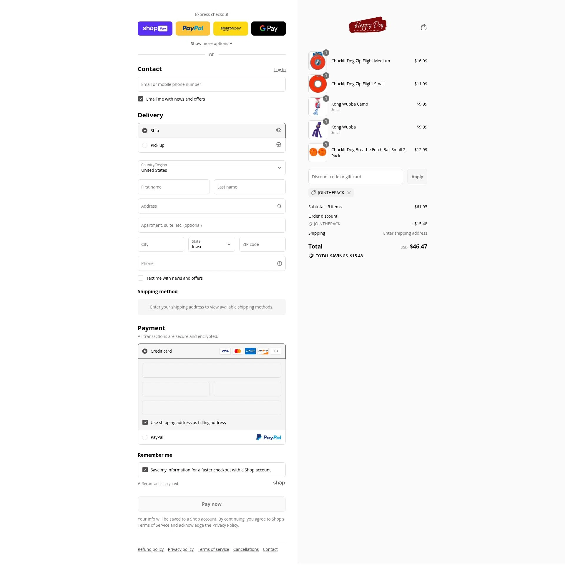 Happy Dog Food checkout page showing Happy Dog Food promo code box | Screenshot taken by SimplyCodes community member on Jul 26, 2025