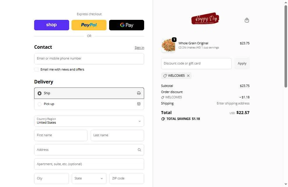 Happy Dog Food checkout page showing Happy Dog Food promo code box | Screenshot taken by SimplyCodes community member on Jan 3, 2026