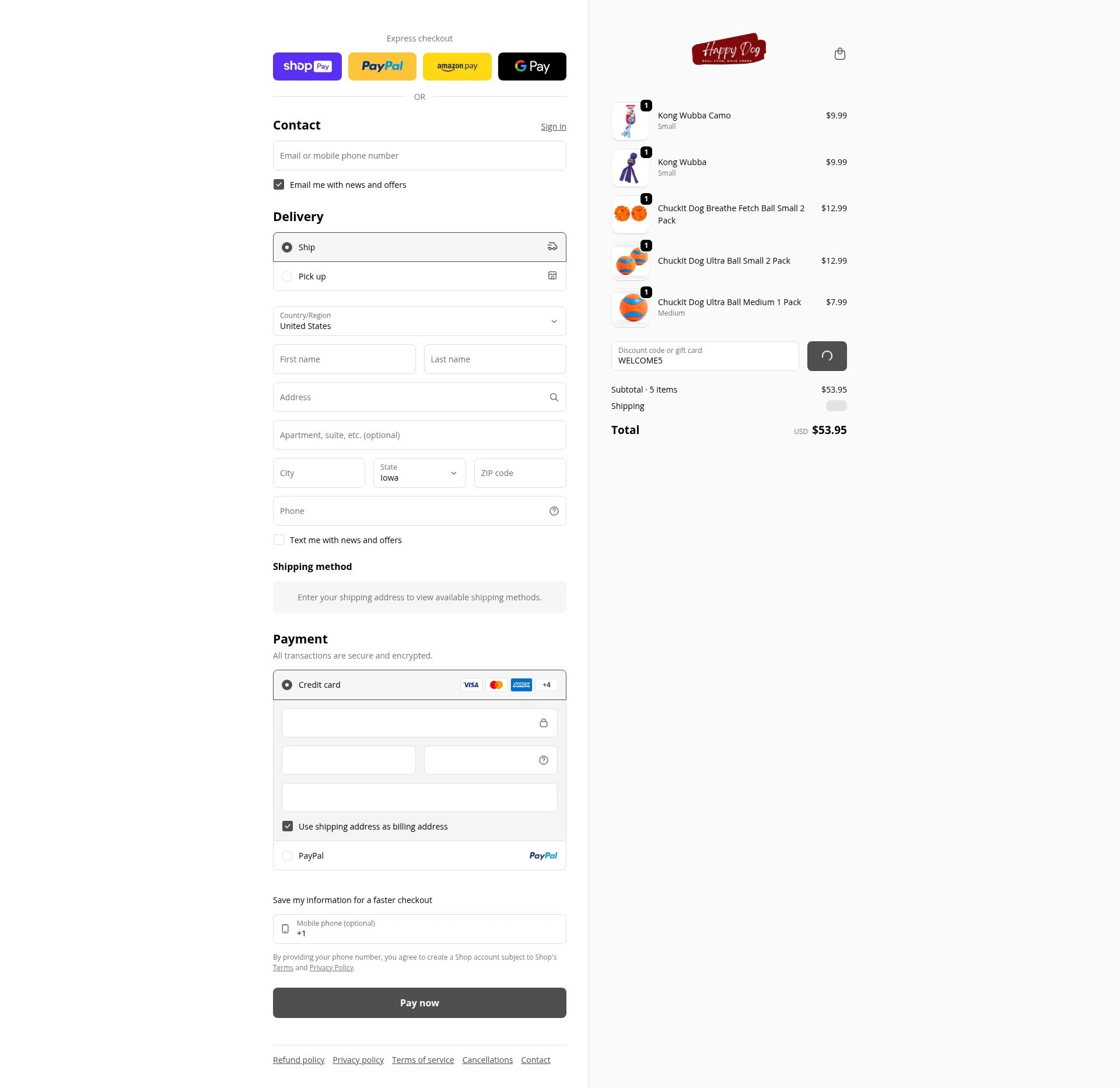 Happy Dog Food checkout page showing Happy Dog Food promo code box | Screenshot taken by SimplyCodes community member on Jan 10, 2026