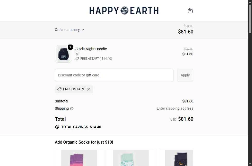 Happy Earth Apparel checkout page showing Happy Earth Apparel promo code box | Screenshot taken by SimplyCodes community member on Dec 30, 2025