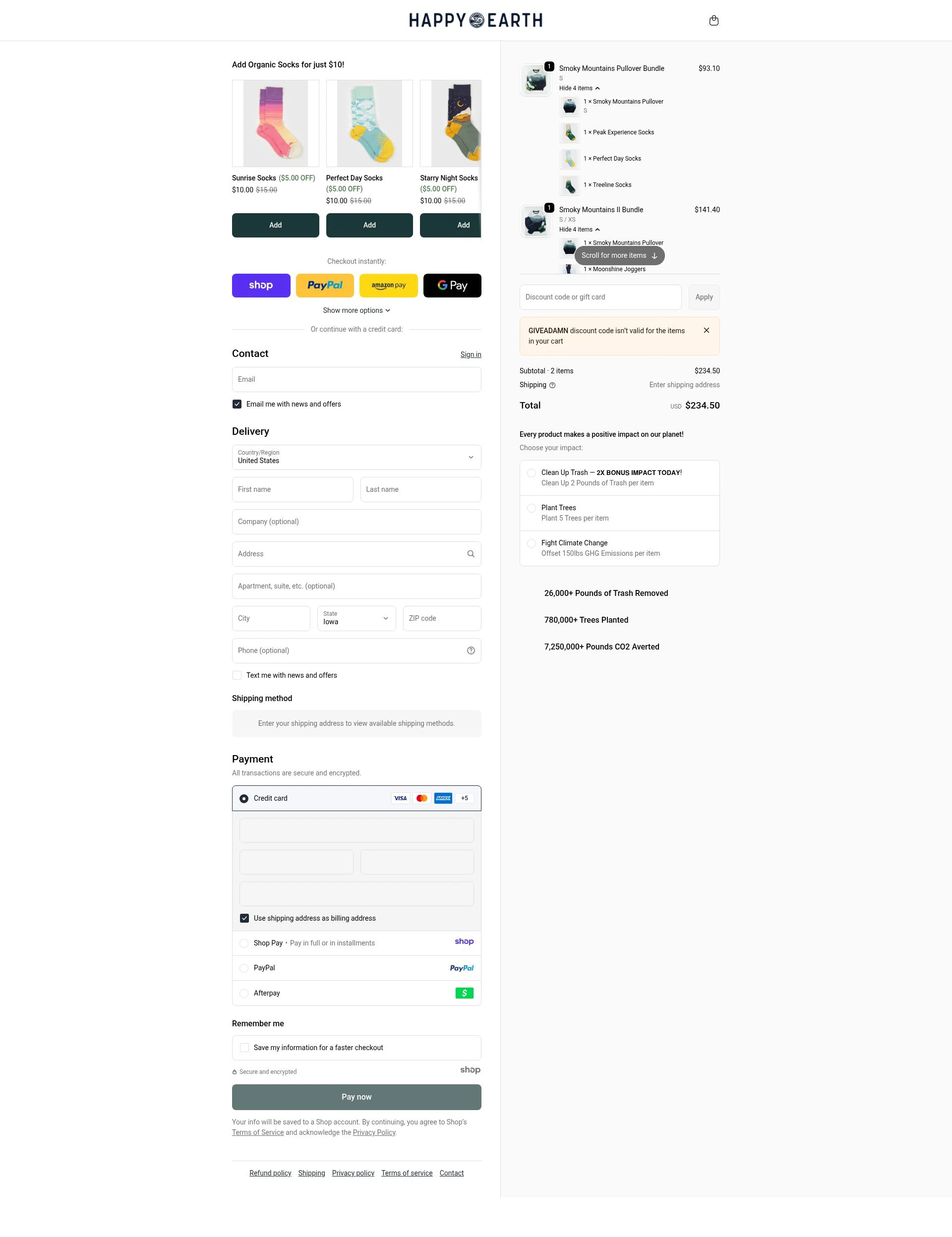 Happy Earth Apparel checkout page showing Happy Earth Apparel promo code box | Screenshot taken by SimplyCodes community member on Dec 28, 2025