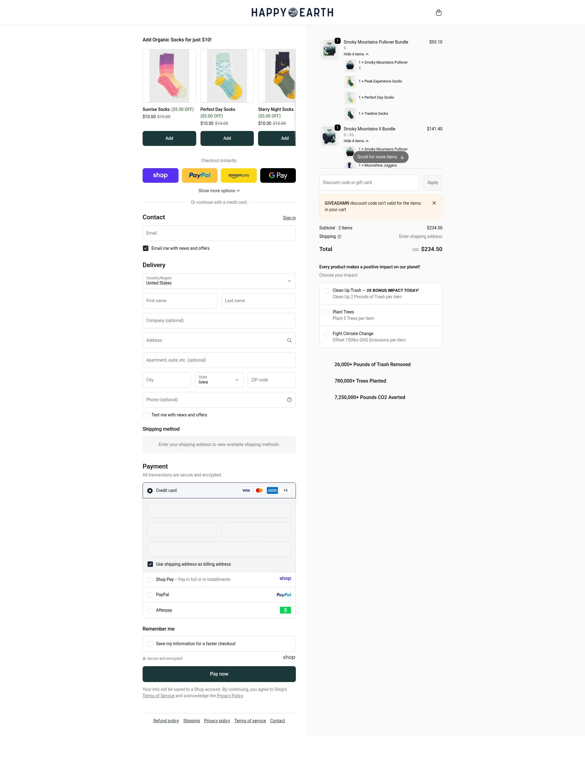 Happy Earth Apparel checkout page showing Happy Earth Apparel promo code box | Screenshot taken by SimplyCodes community member on Dec 23, 2025