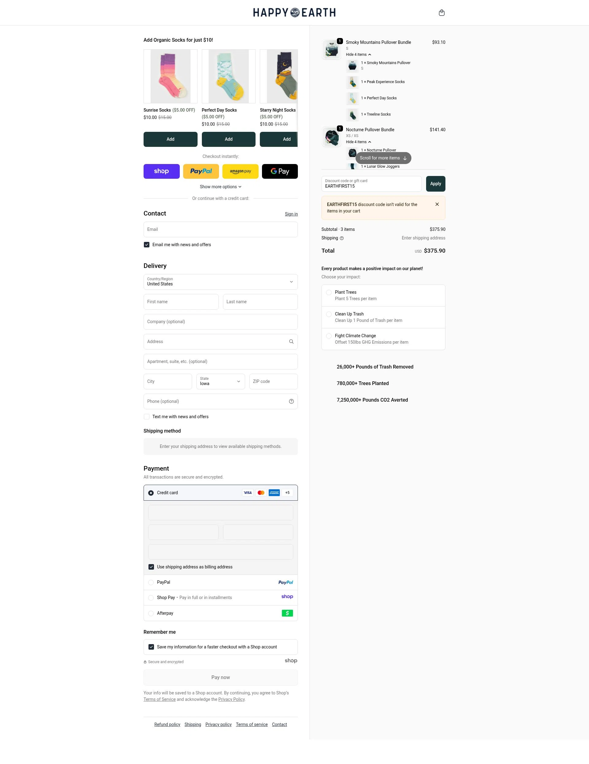 Happy Earth Apparel checkout page showing Happy Earth Apparel promo code box | Screenshot taken by SimplyCodes community member on Dec 10, 2025