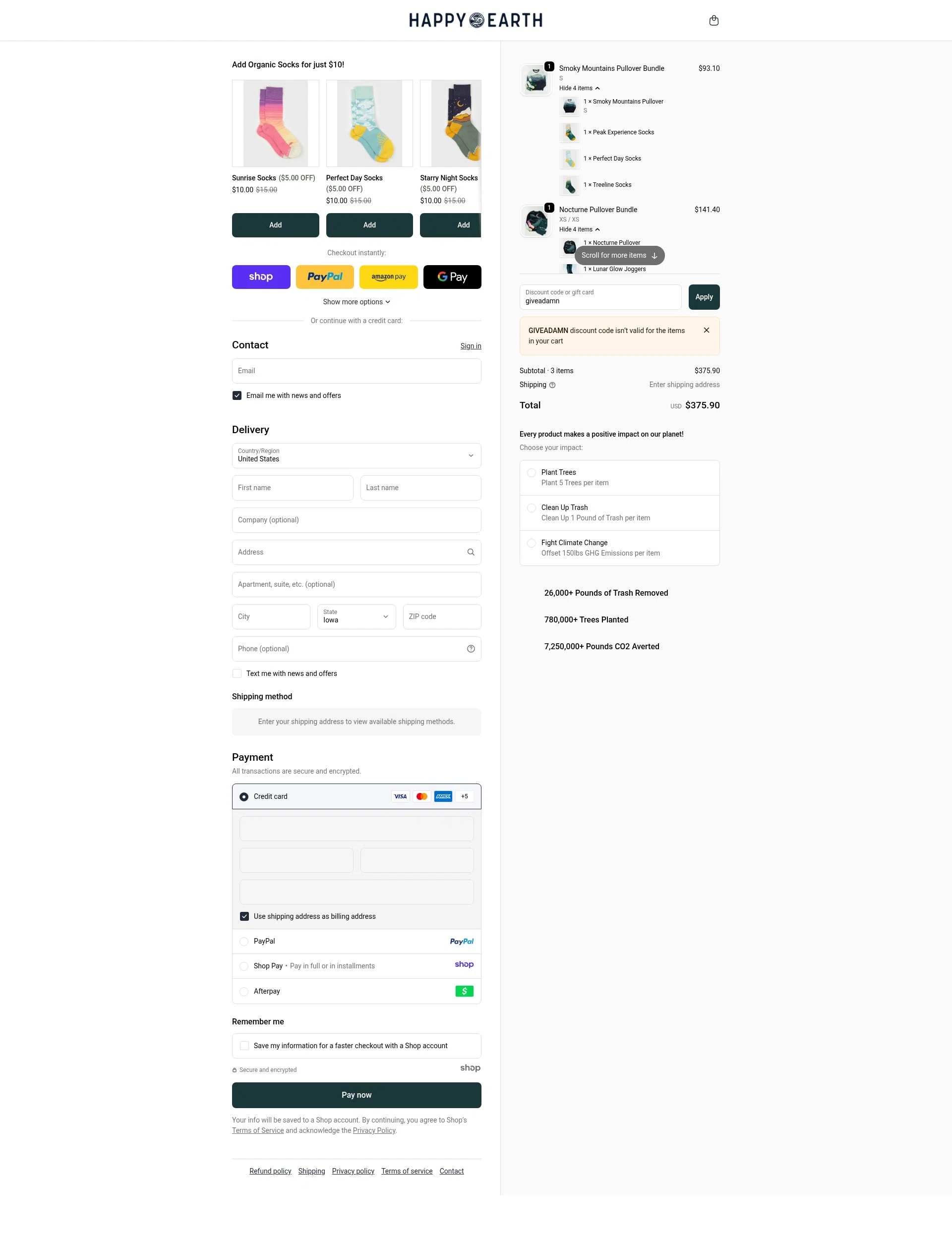 Happy Earth Apparel checkout page showing Happy Earth Apparel promo code box | Screenshot taken by SimplyCodes community member on Dec 10, 2025