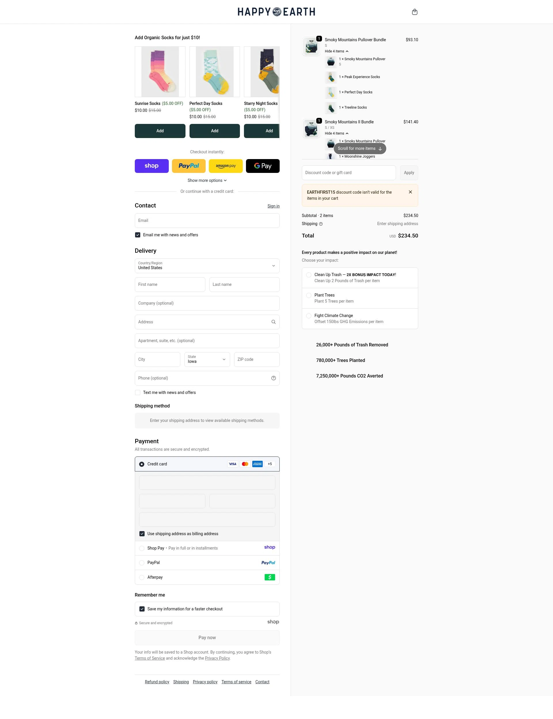 Happy Earth Apparel checkout page showing Happy Earth Apparel promo code box | Screenshot taken by SimplyCodes community member on Dec 23, 2025