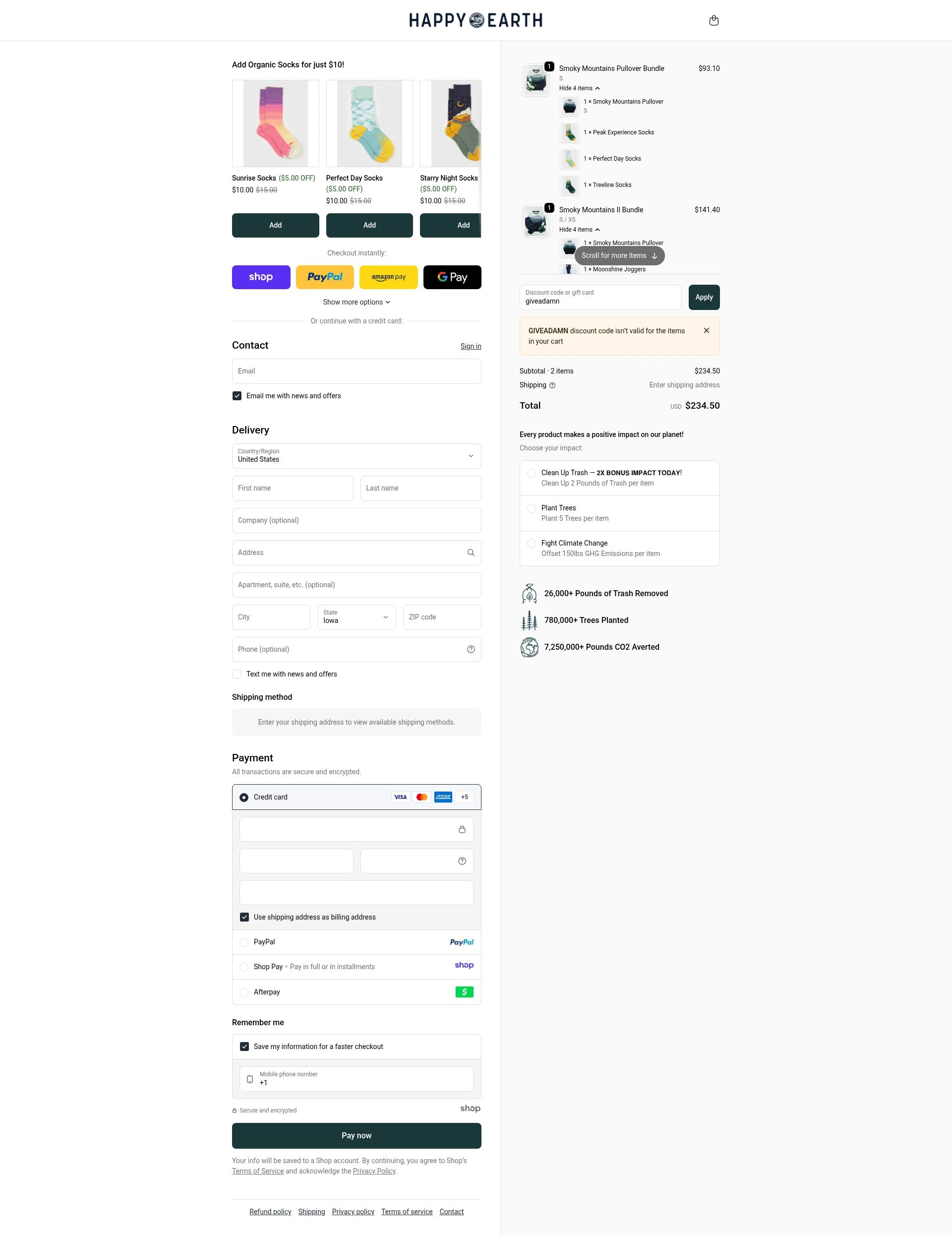 Happy Earth Apparel checkout page showing Happy Earth Apparel promo code box | Screenshot taken by SimplyCodes community member on Dec 16, 2025