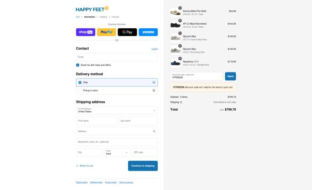 Happy Feet Plus checkout page showing Happy Feet Plus promo code box | Screenshot taken by SimplyCodes community member on Jul 10, 2025