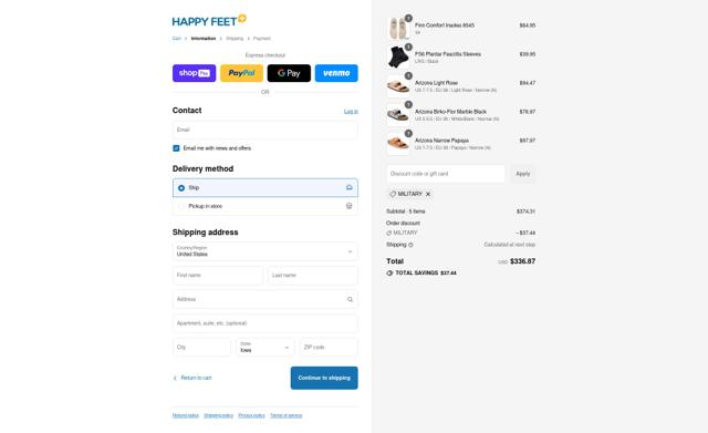 Happy Feet Plus checkout page showing Happy Feet Plus promo code box | Screenshot taken by SimplyCodes community member on Jul 19, 2025