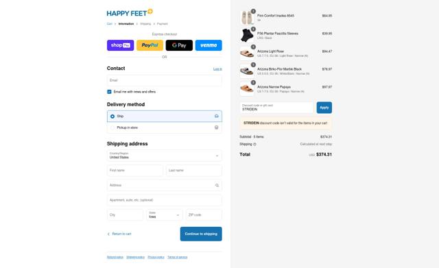 Happy Feet Plus checkout page showing Happy Feet Plus promo code box | Screenshot taken by SimplyCodes community member on Jul 19, 2025