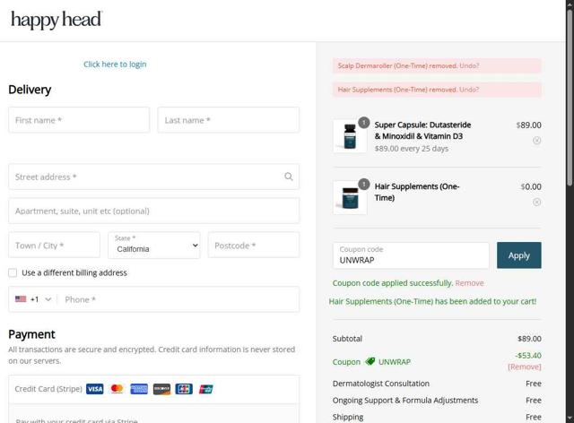 Happy Head checkout page showing Happy Head coupon code box | Screenshot taken by SimplyCodes community member on Sep 5, 2025