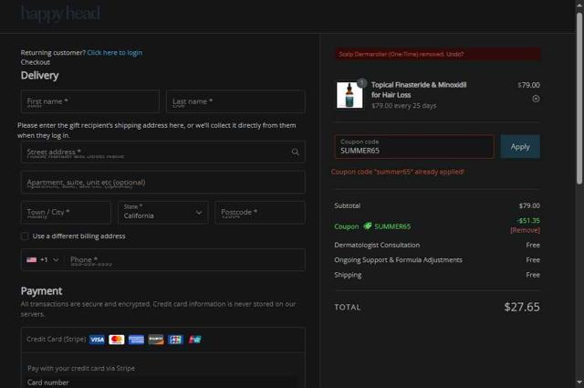 Happy Head checkout page showing Happy Head coupon code box | Screenshot taken by SimplyCodes community member on Sep 2, 2025