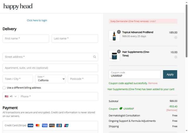 Happy Head checkout page showing Happy Head coupon code box | Screenshot taken by SimplyCodes community member on Sep 11, 2025