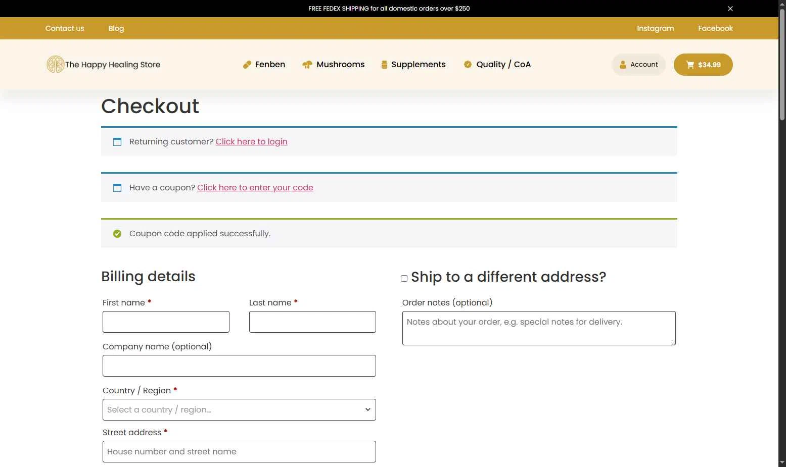 The Happy Healing Store checkout page showing The Happy Healing Store coupon code box | Screenshot taken by SimplyCodes community member on Nov 28, 2025