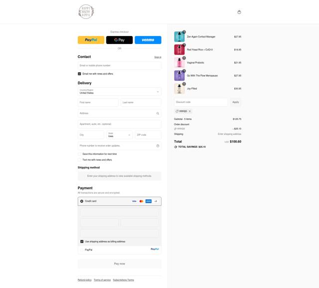 Happy Healthy Hippie checkout page showing Happy Healthy Hippie discount code box | Screenshot taken by SimplyCodes community member on Sep 11, 2025