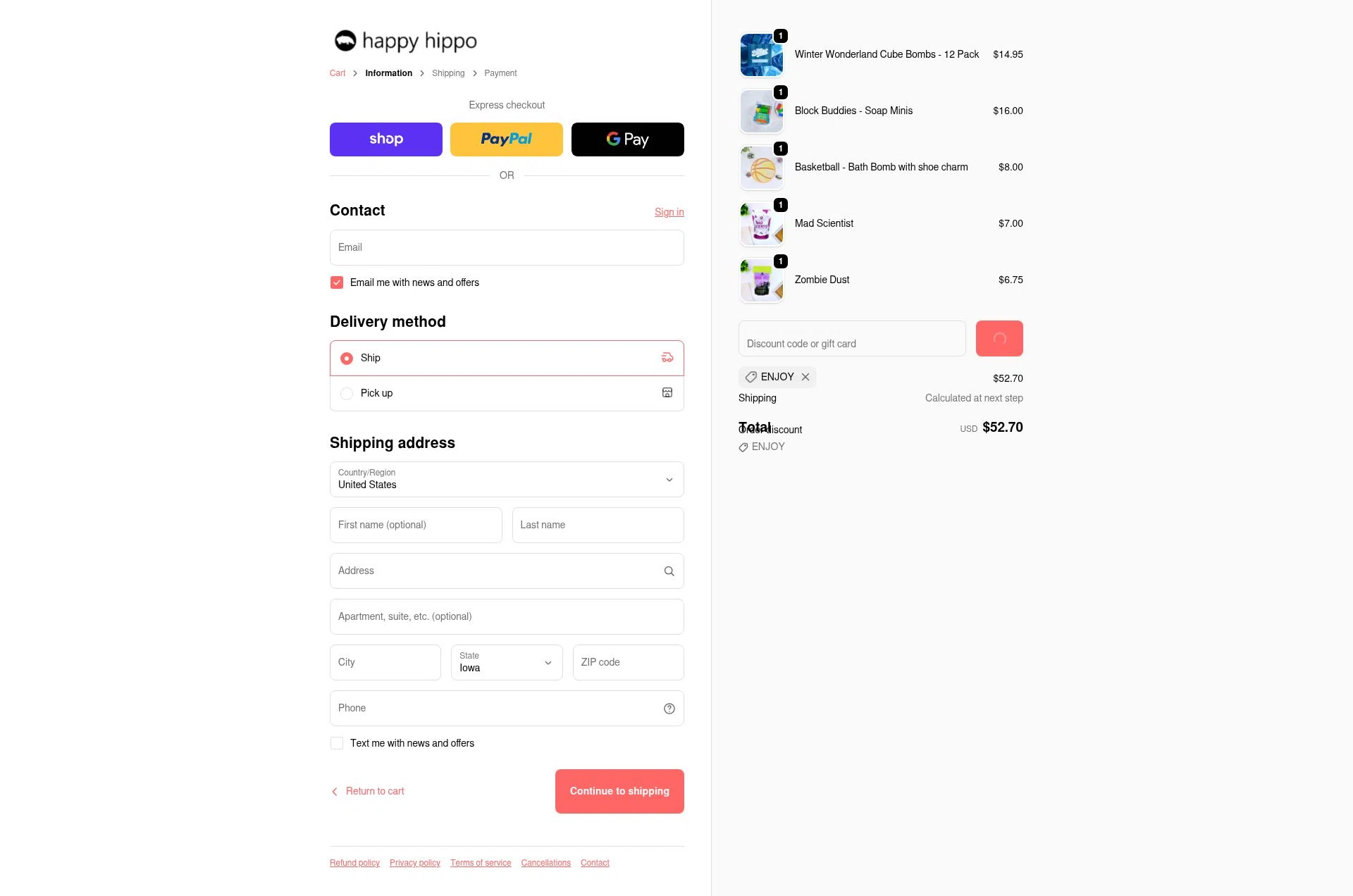 Happy Hippo Bath checkout page showing Happy Hippo Bath coupon code box | Screenshot taken by SimplyCodes community member on Feb 13, 2026