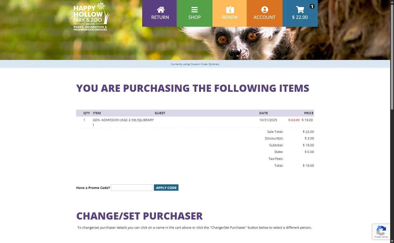 Happy Hollow Park & Zoo checkout page showing Happy Hollow Park & Zoo promo code box | Screenshot taken by SimplyCodes community member on Oct 31, 2025