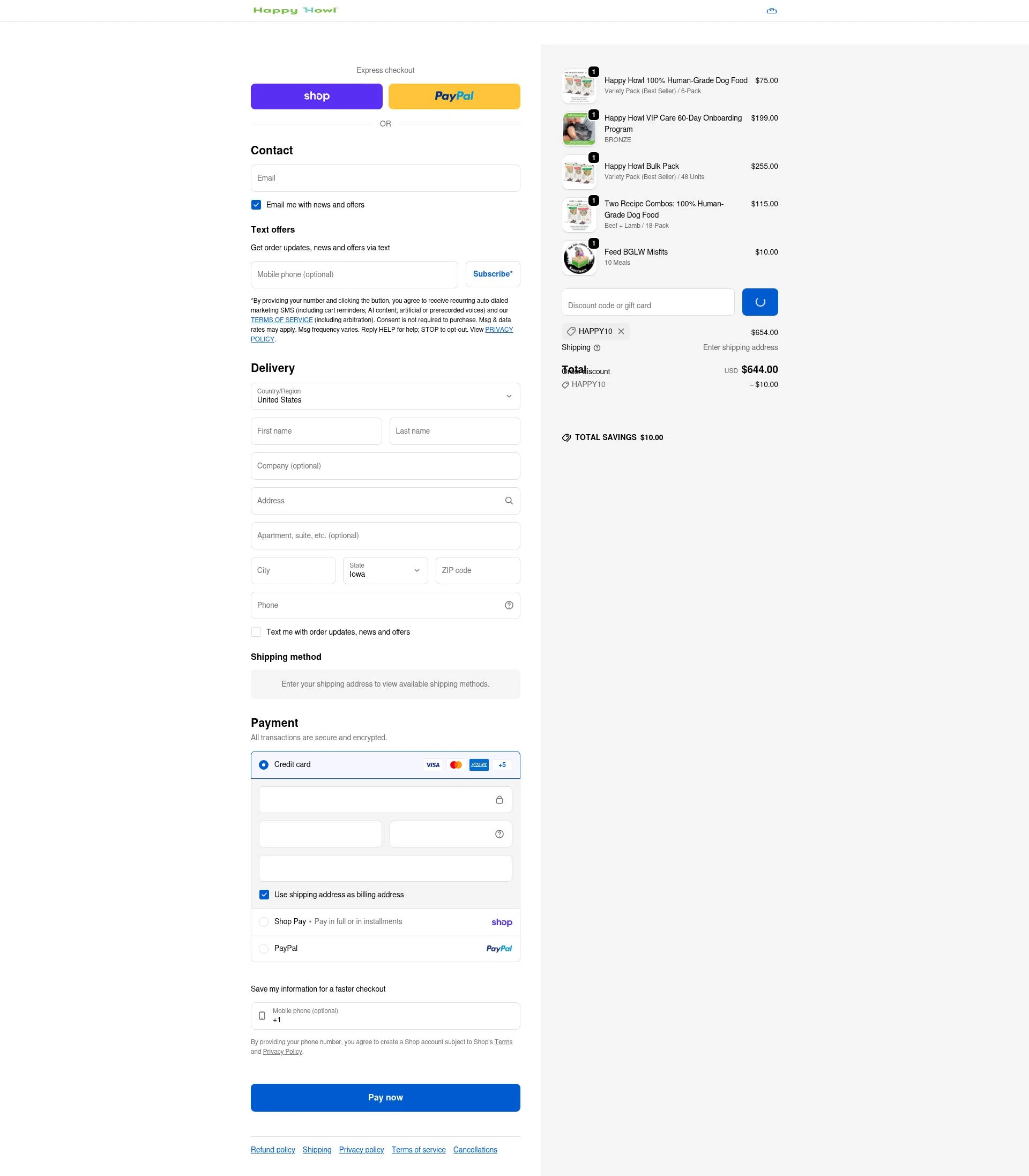 Happy Howl checkout page showing Happy Howl discount code box | Screenshot taken by SimplyCodes community member on Feb 5, 2026