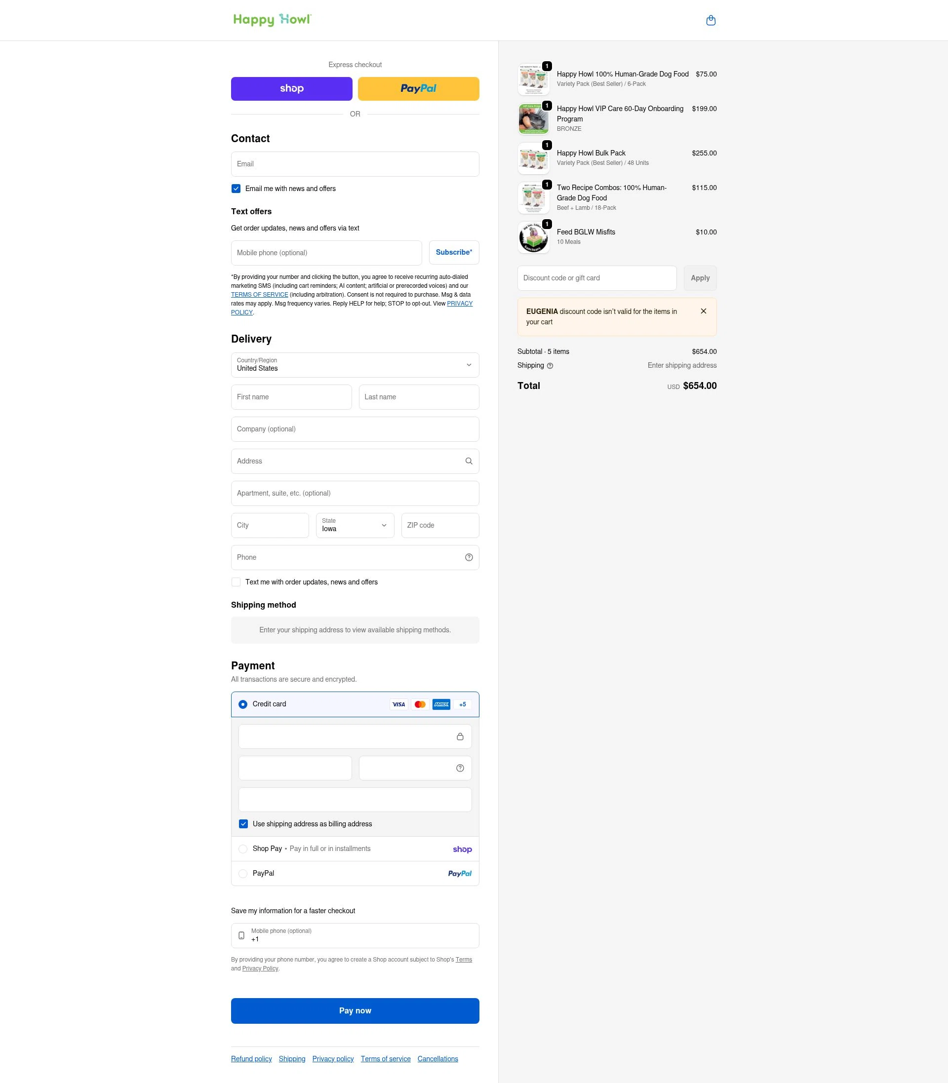 Happy Howl checkout page showing Happy Howl discount code box | Screenshot taken by SimplyCodes community member on Jan 31, 2026