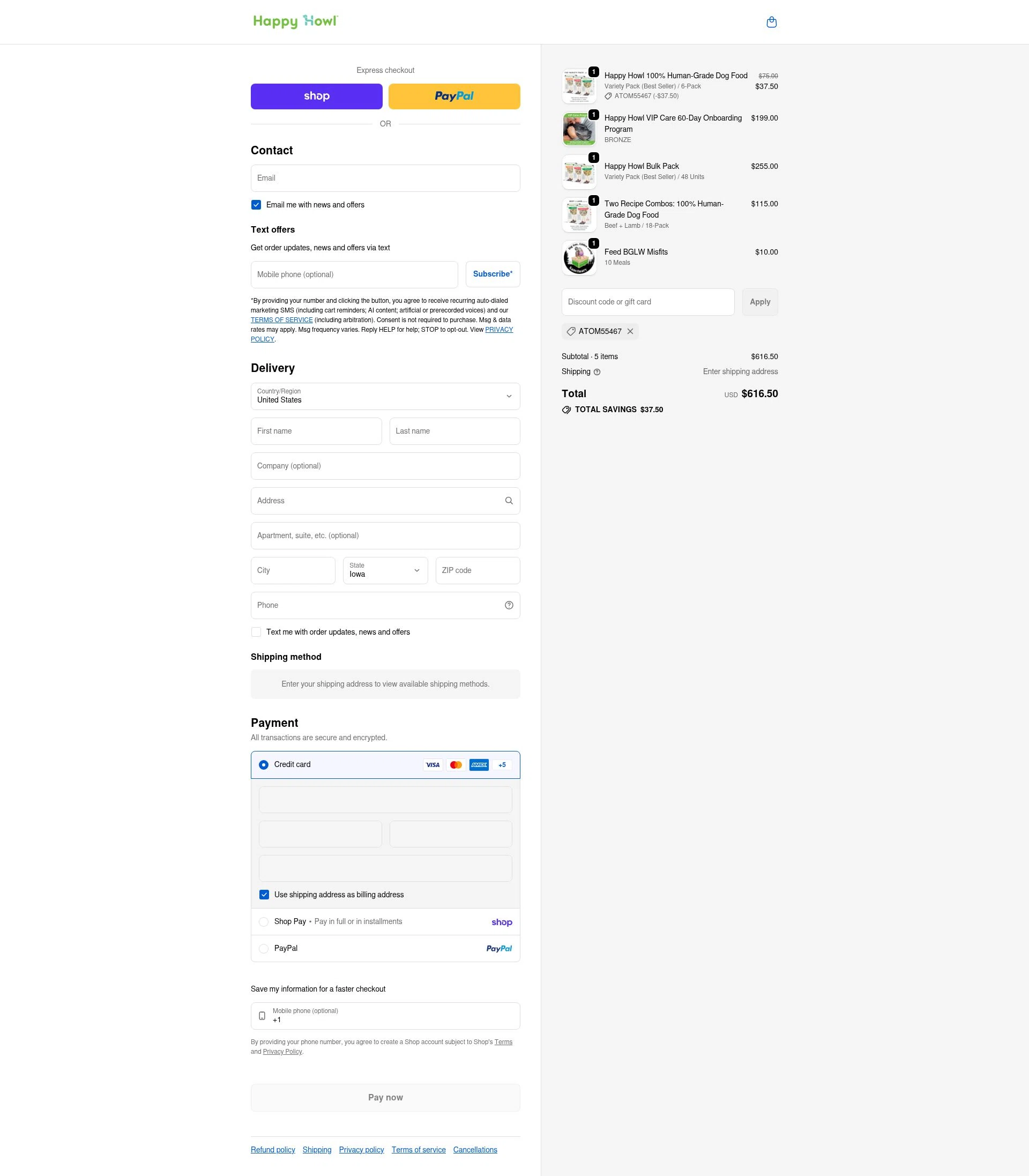Happy Howl checkout page showing Happy Howl discount code box | Screenshot taken by SimplyCodes community member on Feb 5, 2026