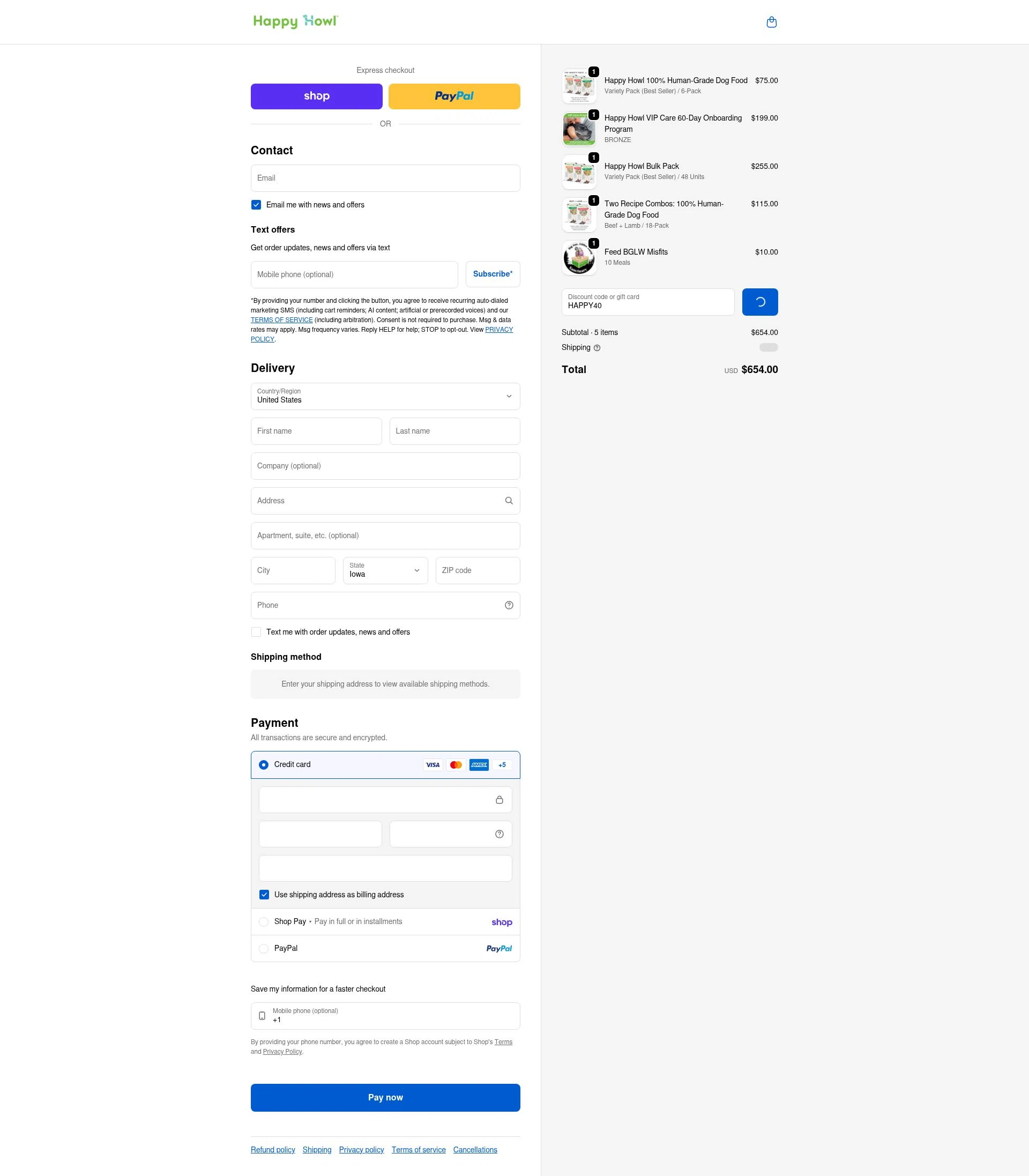 Happy Howl checkout page showing Happy Howl discount code box | Screenshot taken by SimplyCodes community member on Feb 5, 2026