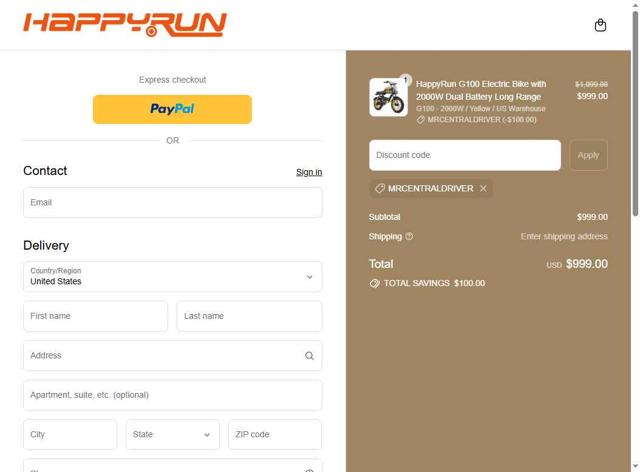 HappyrunSports checkout page showing HappyrunSports promo code box | Screenshot taken by SimplyCodes community member on Sep 12, 2025