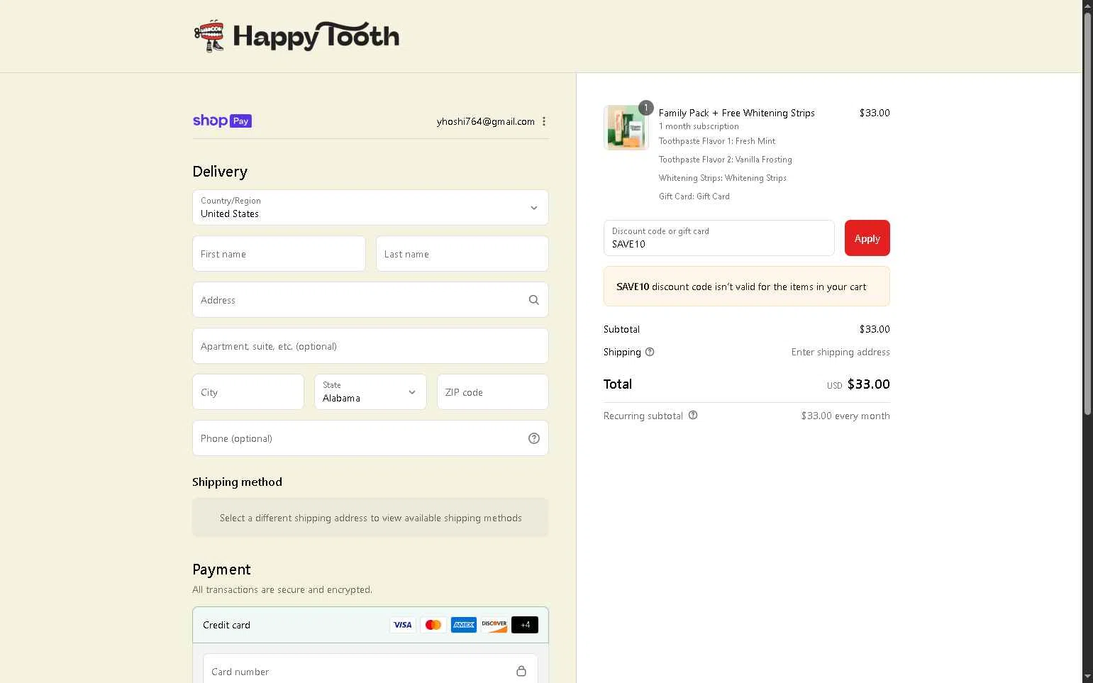Happy Tooth checkout page showing Happy Tooth discount code box | Screenshot taken by SimplyCodes community member on Aug 21, 2025