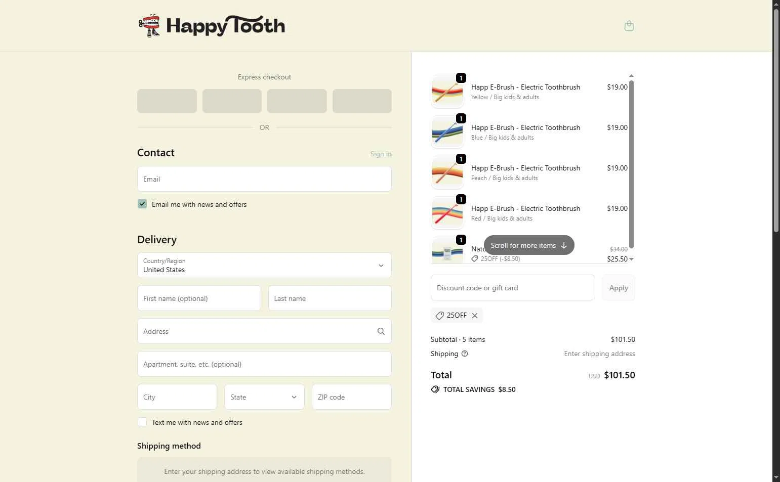 Happy Tooth checkout page showing Happy Tooth discount code box | Screenshot taken by SimplyCodes community member on Nov 24, 2025