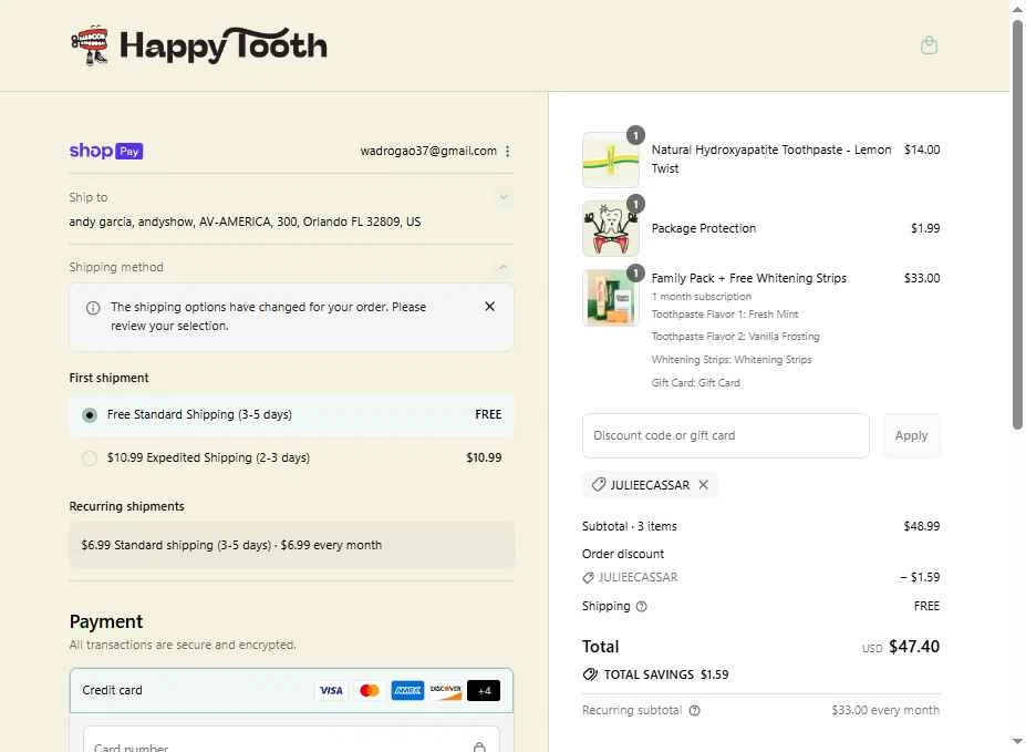 Happy Tooth checkout page showing Happy Tooth discount code box | Screenshot taken by SimplyCodes community member on Aug 19, 2025
