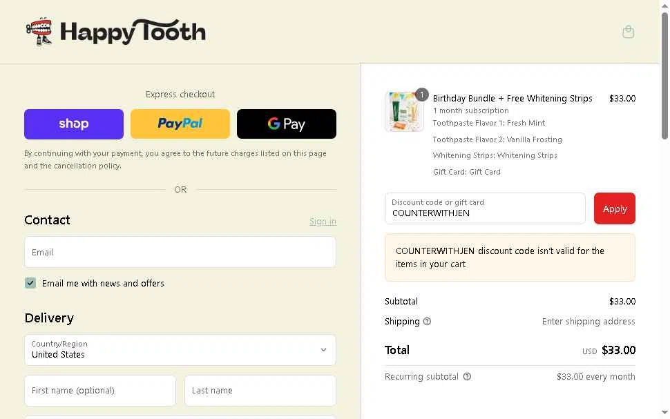 Happy Tooth checkout page showing Happy Tooth discount code box | Screenshot taken by SimplyCodes community member on Sep 17, 2025