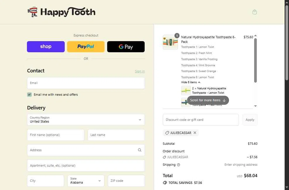 Happy Tooth checkout page showing Happy Tooth discount code box | Screenshot taken by SimplyCodes community member on Sep 17, 2025