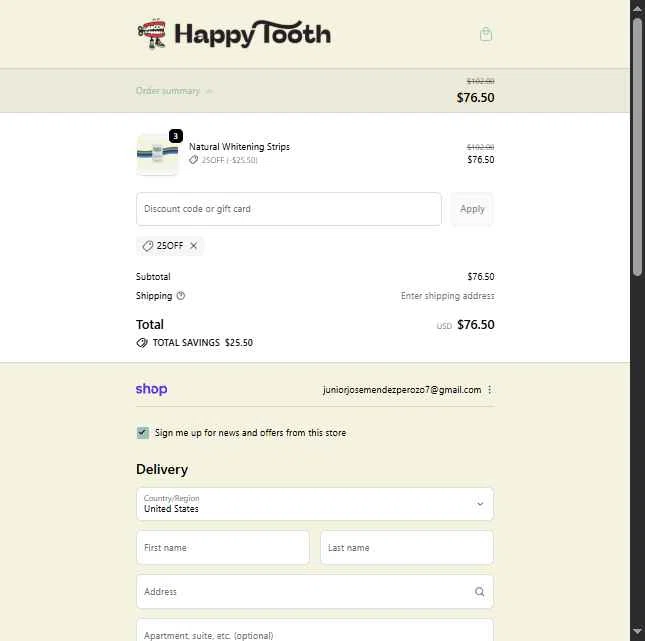 Happy Tooth checkout page showing Happy Tooth discount code box | Screenshot taken by SimplyCodes community member on Nov 24, 2025