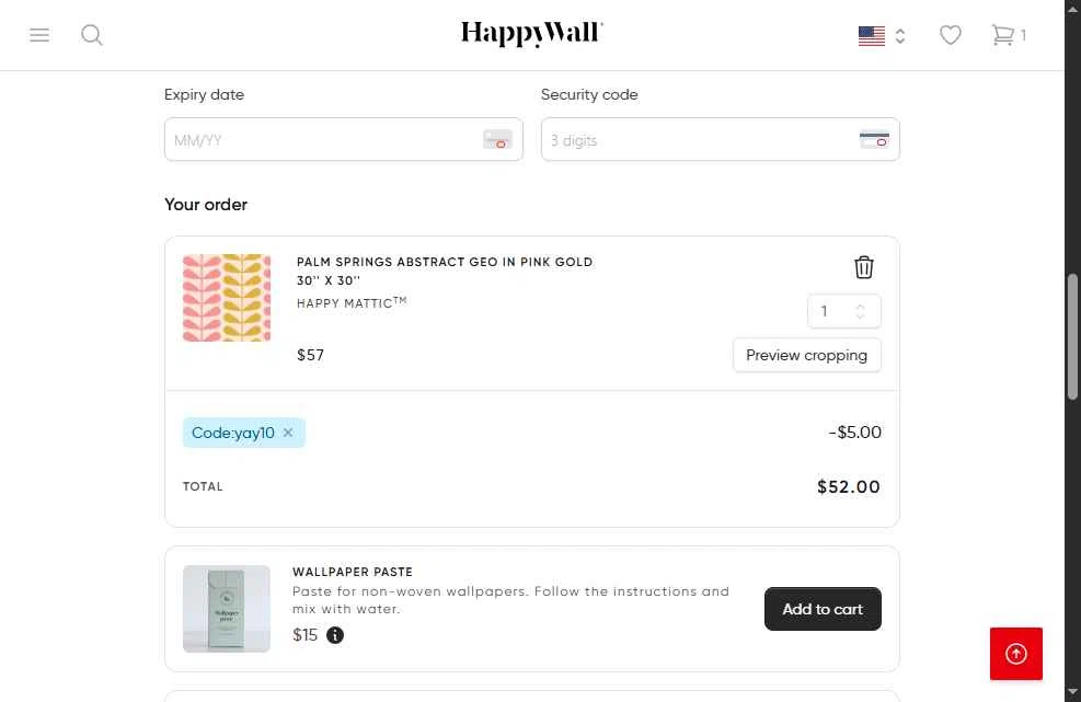 HappyWall checkout page showing HappyWall discount code box | Screenshot taken by SimplyCodes community member on Jan 8, 2026