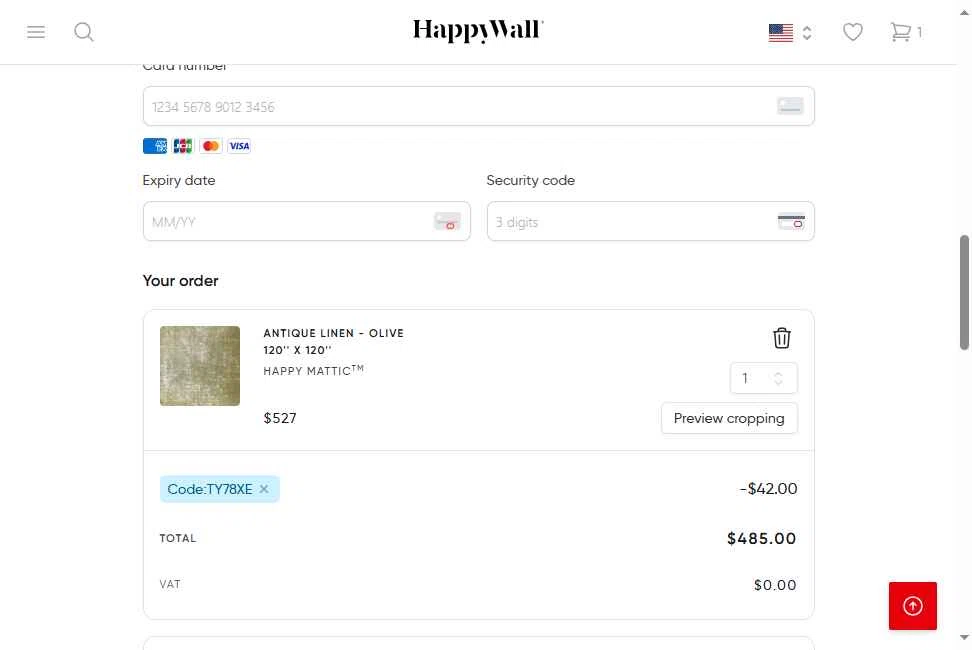HappyWall checkout page showing HappyWall discount code box | Screenshot taken by SimplyCodes community member on Oct 10, 2025