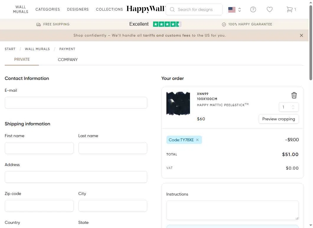 HappyWall checkout page showing HappyWall discount code box | Screenshot taken by SimplyCodes community member on Sep 11, 2025