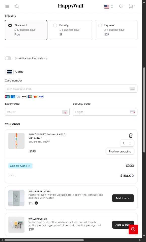 HappyWall checkout page showing HappyWall discount code box | Screenshot taken by SimplyCodes community member on Dec 7, 2025