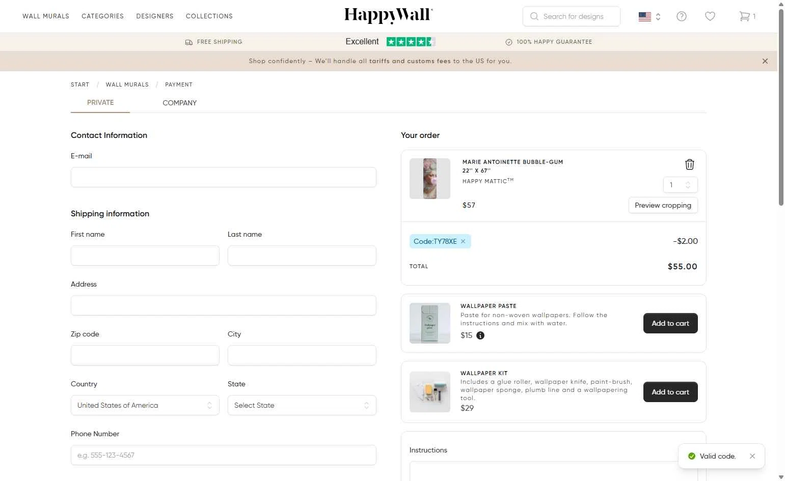 HappyWall checkout page showing HappyWall discount code box | Screenshot taken by SimplyCodes community member on Feb 3, 2026