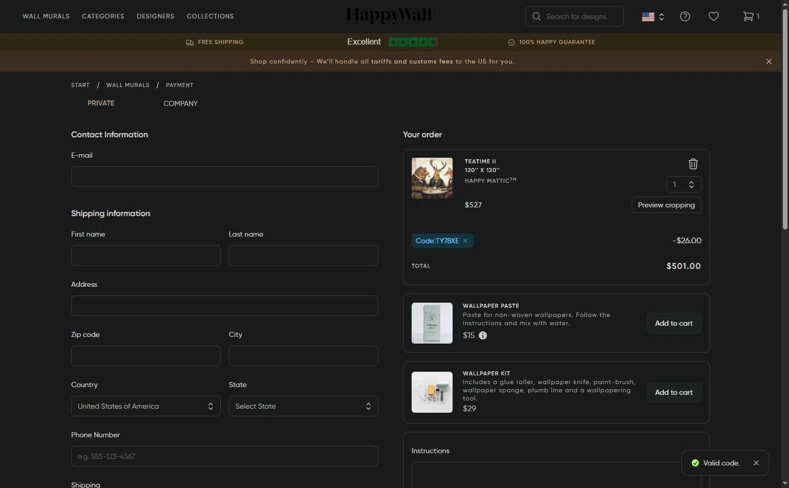 HappyWall checkout page showing HappyWall discount code box | Screenshot taken by SimplyCodes community member on Jan 5, 2026