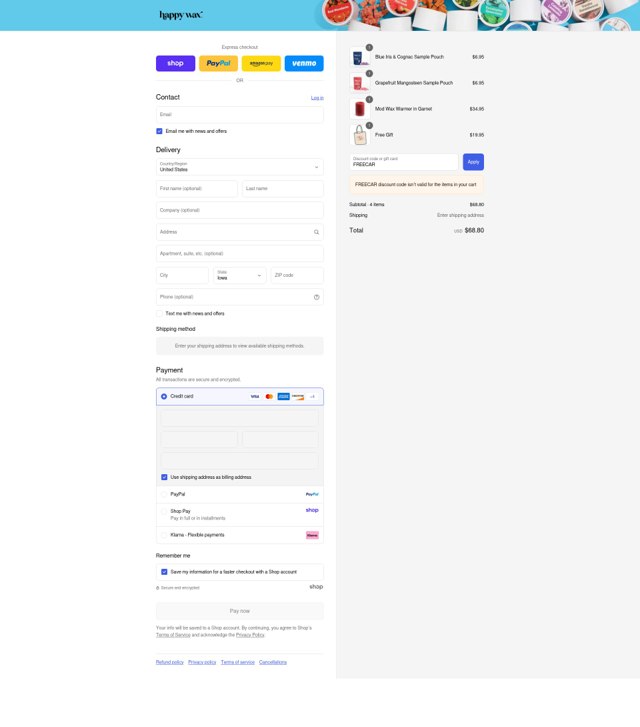 Happy Wax checkout page showing Happy Wax discount code box | Screenshot taken by SimplyCodes community member on Sep 4, 2025